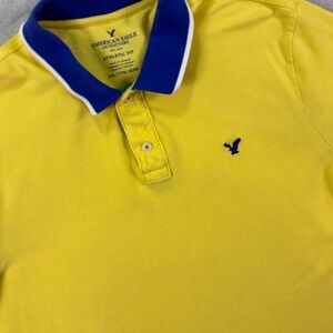 American Eagle Mens Yellow Athletic Fit Polo Shirt XXL Blue Tipped Collar Cotton